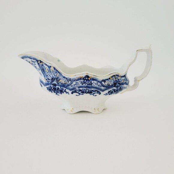 J&G Meakin York Flow Blue Gravy Boat, Embossed, Gold Accents, Floral Swags - Picture 1 of 13